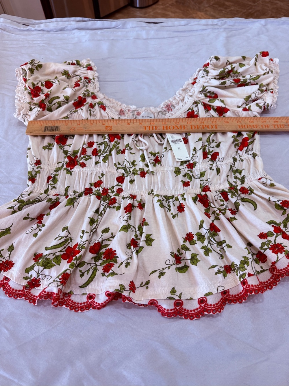 Anthropologie White Floral Peasant Blouse with Red Print - Picture 7 of 9